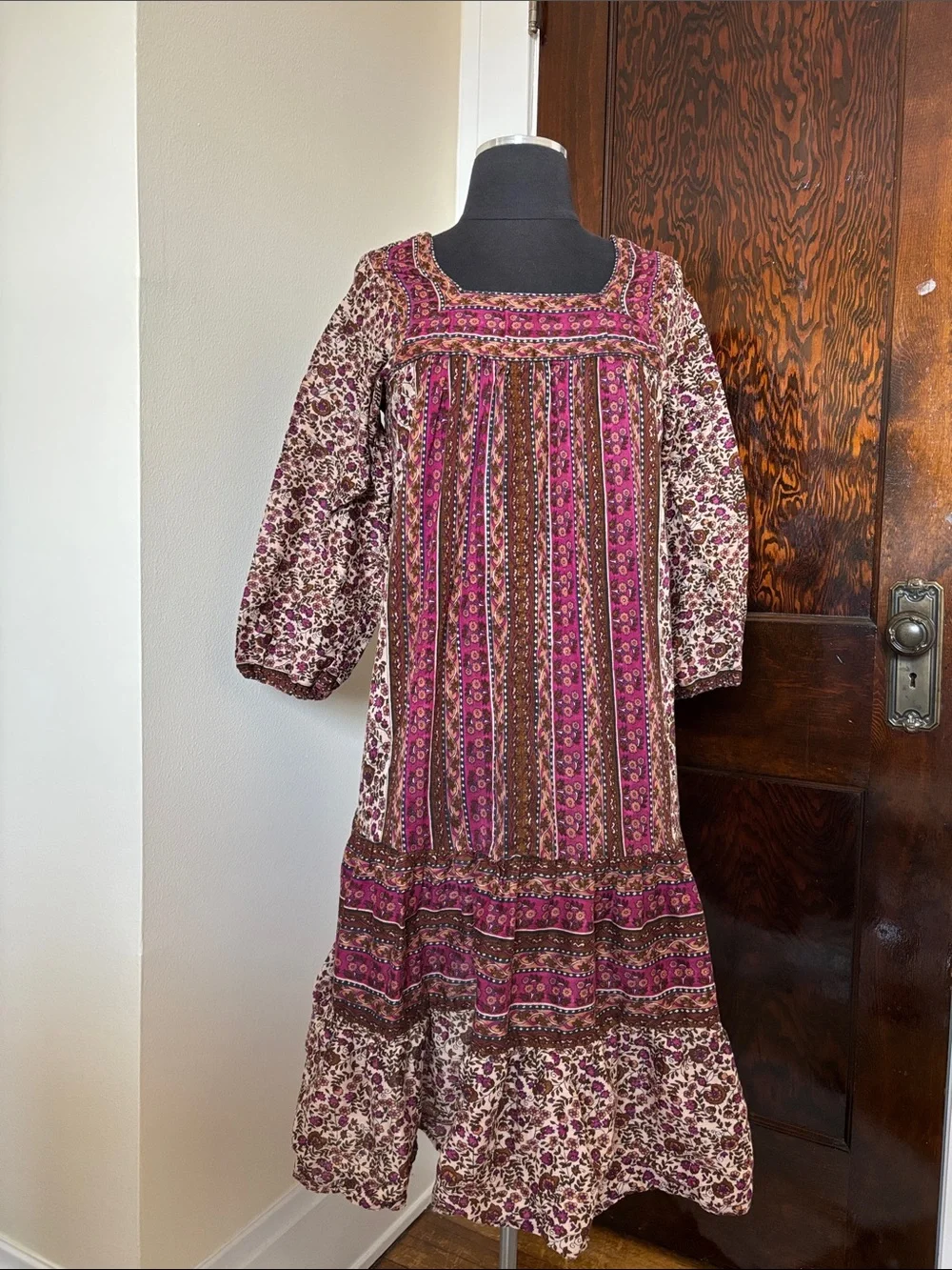 1970s Vintage Bohemian Floral Pink and Brown Midi Dress Kaiser 100% Cotton Flowy - Picture 2 of 11